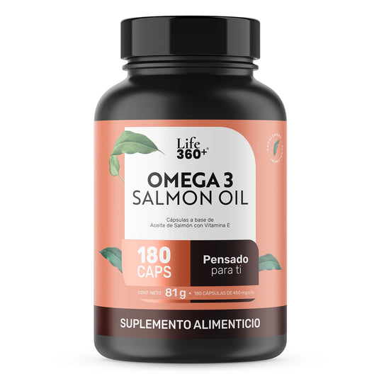 Frasco de suplemento alimenticio Life 360+ Omega 3 Salmon Oil 180 cápsulas