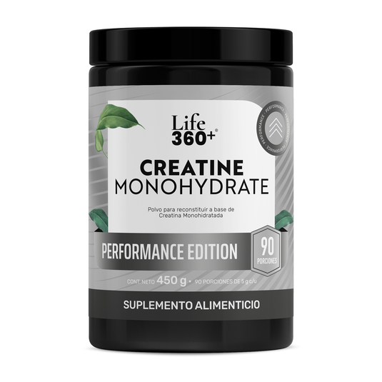 Bote negro de creatina Life 360+ monohidratada 450g suplemento alimenticio