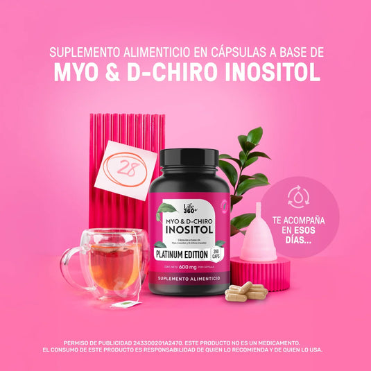 Suplemento Myo & D-Chiro Inositol en cápsulas, fondo rosa, copa menstrual, té y planta