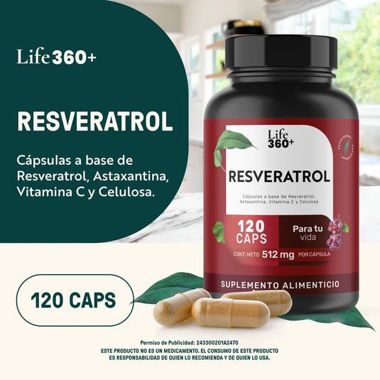 Frasco de Resveratrol Life360+ 120 cápsulas con astaxantina y vitamina C sobre mesa.