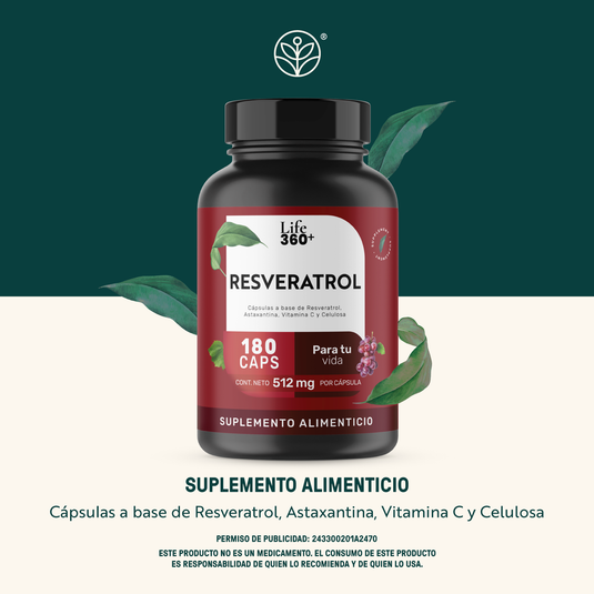 Frasco de suplemento alimenticio Resveratrol Life 360+ 180 cápsulas, fondo verde, hojas y uvas.