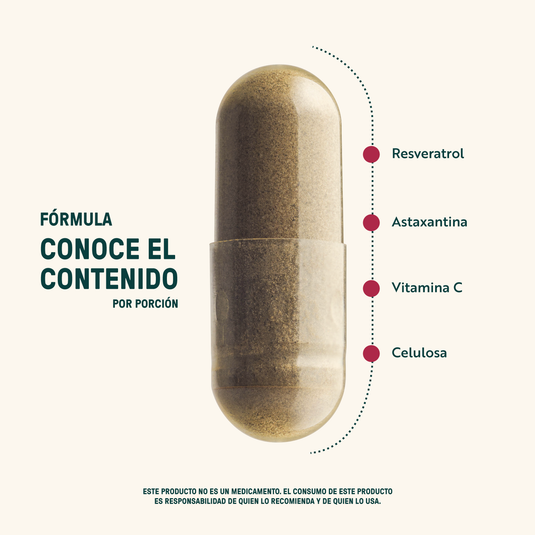 Cápsula de suplemento con resveratrol, astaxantina, vitamina C y celulosa, ingredientes señalados.