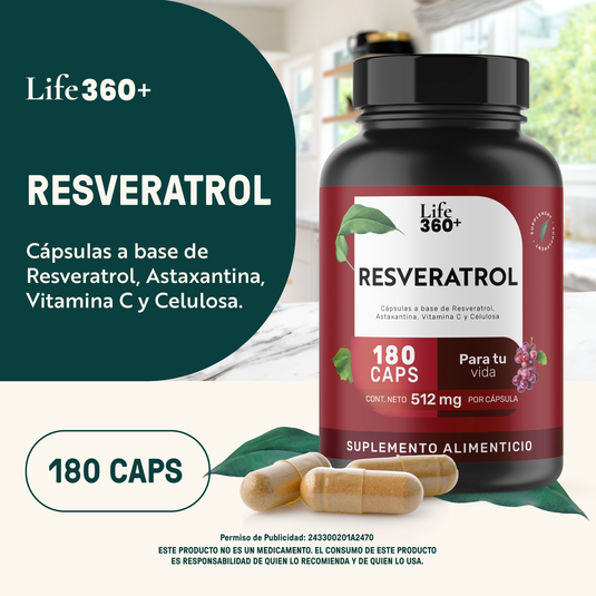 Suplemento Life360+ Resveratrol 180 cápsulas, Astaxantina, Vitamina C, envase y cápsulas.
