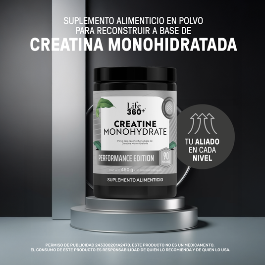 Creatina monohidratada Life 360+ suplemento alimenticio en polvo, envase de 450g sobre pedestal.