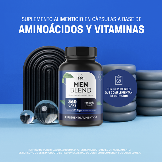 Frasco de suplemento alimenticio Life 360 Men Blend 360 cápsulas con aminoácidos y vitaminas.