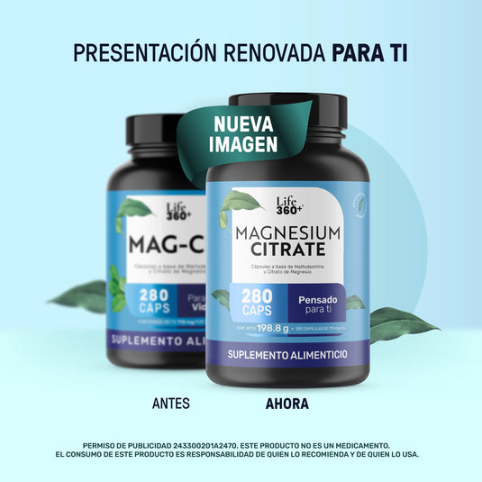 Comparativa de botellas de suplemento alimenticio Life 360+ Citrato de Magnesio, antes y ahora.
