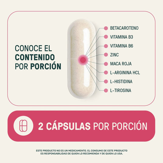 Cápsula con ingredientes betacaroteno, vitamina B3, B6, zinc, maca roja, L-arginina, L-histidina, L-tirosina; dosis de 2 cápsulas por porción.