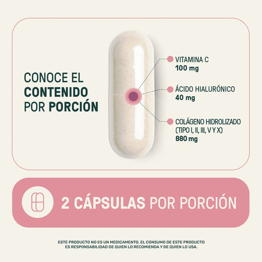 Cápsula de suplemento con vitamina C, ácido hialurónico y colágeno hidrolizado, dosis 2 cápsulas.