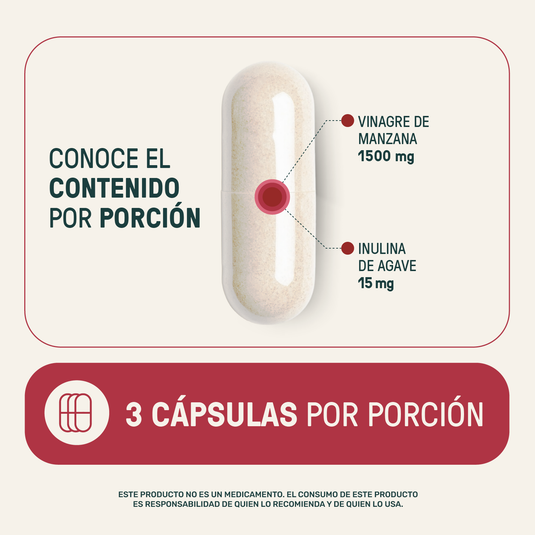 Cápsula con vinagre de manzana 1500 mg e inulina de agave 15 mg, dosis 3 cápsulas por porción