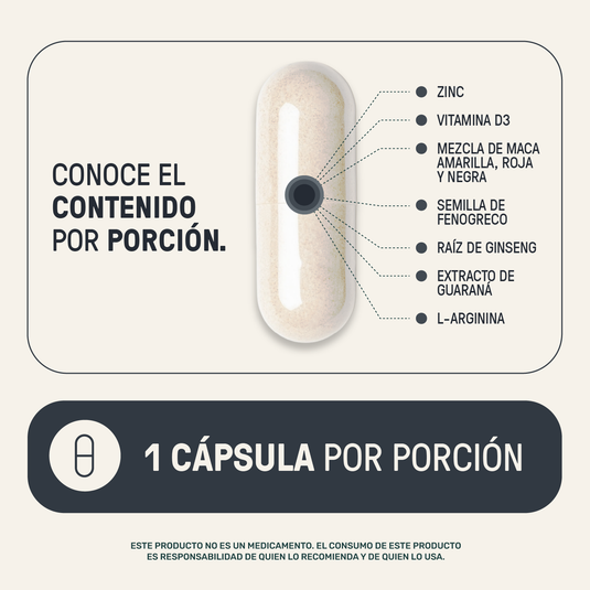 Cápsula de suplemento con ingredientes zinc, vitamina D3, maca, ginseng, guaraná, L-arginina.