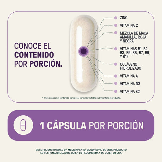 Cápsula de suplemento con zinc, vitamina C, maca, colágeno, vitaminas B y D.