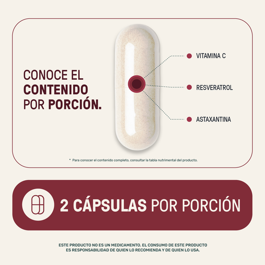 Contenido de cápsula con vitamina C, resveratrol y astaxantina, dosis 2 cápsulas por porción.