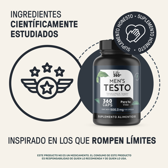 Suplemento alimenticio Men's Testo Life 360+ en frasco, ingredientes científicamente estudiados, 360 cápsulas.
