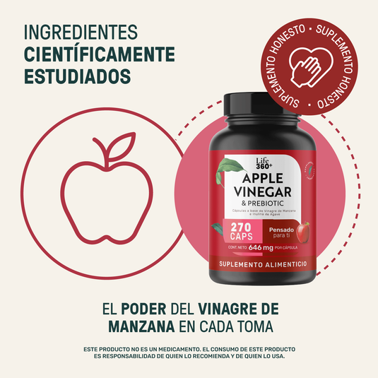 Suplemento Apple Vinegar Life 360+ con 270 cápsulas, vinagre de manzana y prebiótico.