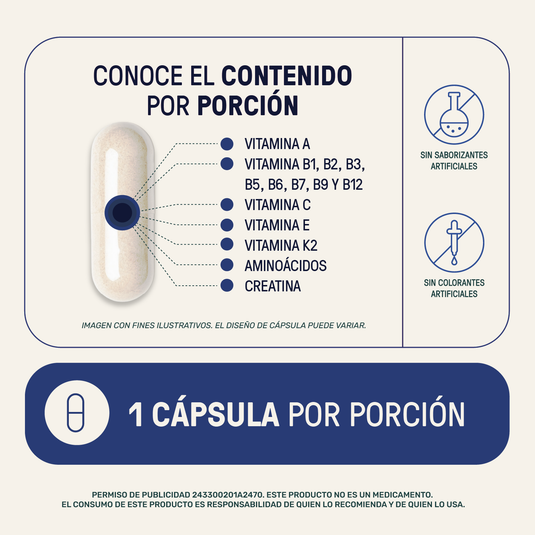 Cápsula de suplemento con vitaminas, aminoácidos, creatina, sin colorantes ni saborizantes