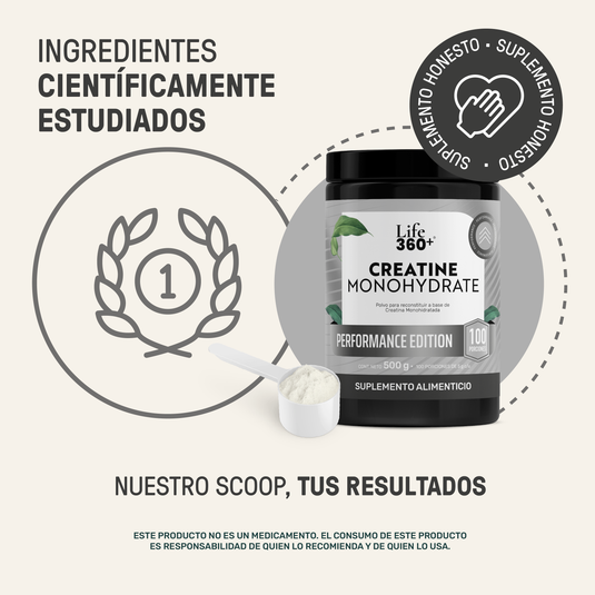 Bote de creatina monohidratada Life 360+ con scoop de polvo, fondo con sello de suplemento honesto, texto de ingredientes científicamente estudiados.