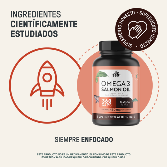 Suplemento alimenticio Omega 3 Salmon Oil Life 360+, 360 cápsulas, ingredientes científicamente estudiados.