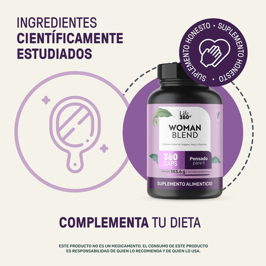 Suplemento alimenticio Life 360+ Woman Blend frasco 360 cápsulas para mujer, fondo claro.