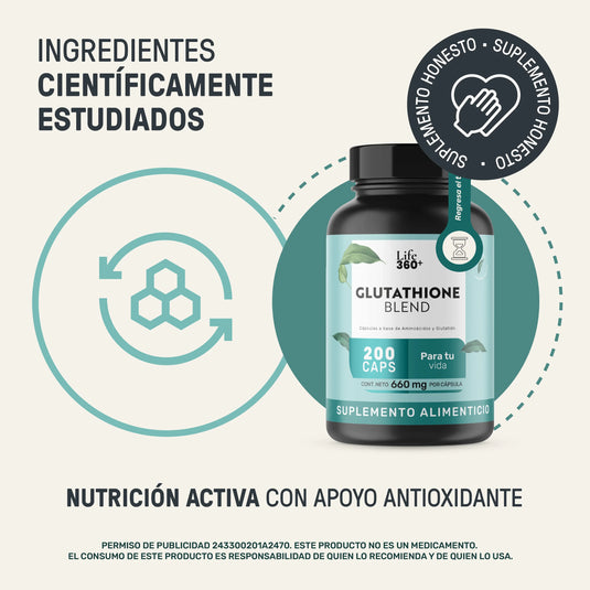 Suplemento Glutathione Blend Life360+, 200 cápsulas, antioxidante, ingredientes estudiados