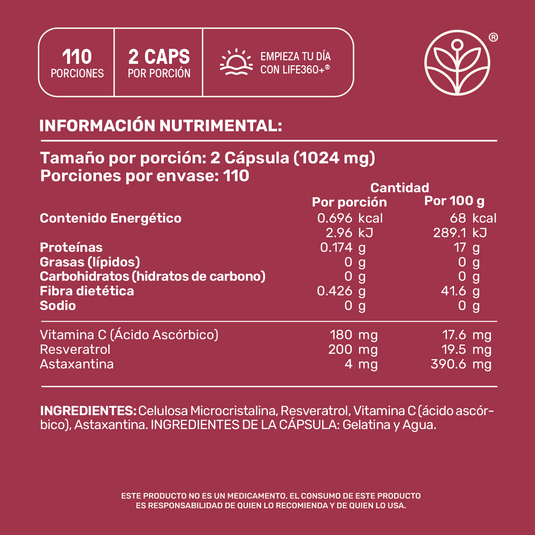 Etiqueta suplemento cápsulas Life360+, información nutricional, ingredientes, dosis diaria.
