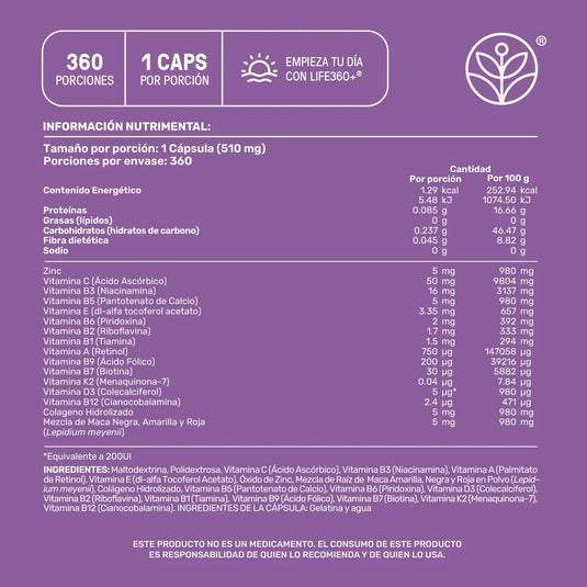 Tabla nutrimental suplemento Life360 Plus cápsulas, fondo morado, ingredientes y vitaminas
