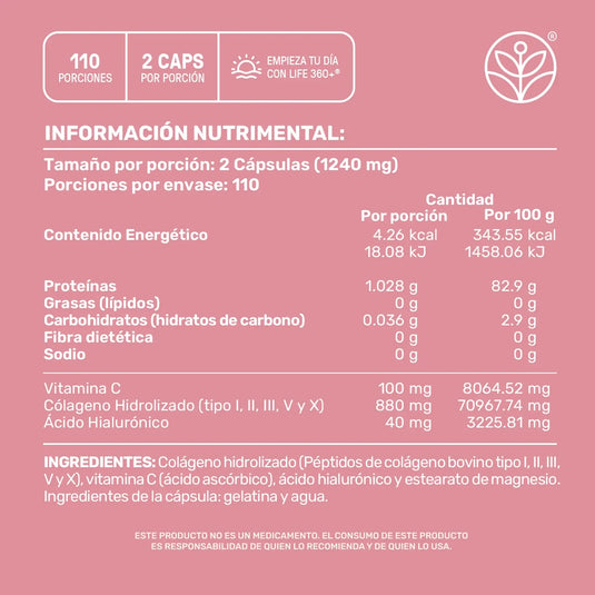 Etiqueta rosa de suplemento con información nutricional, colágeno, vitamina C y ácido hialurónico.