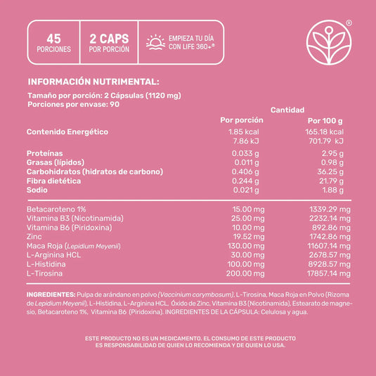 Tabla de información nutrimental y lista de ingredientes de suplemento Life 360+ capsulas.