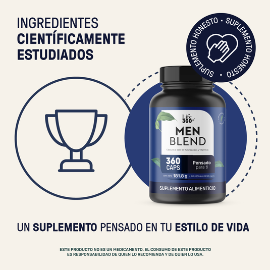 Frasco de suplemento alimenticio Life 360+ Men Blend 360 cápsulas, ingredientes científicamente estudiados, fondo blanco y azul.