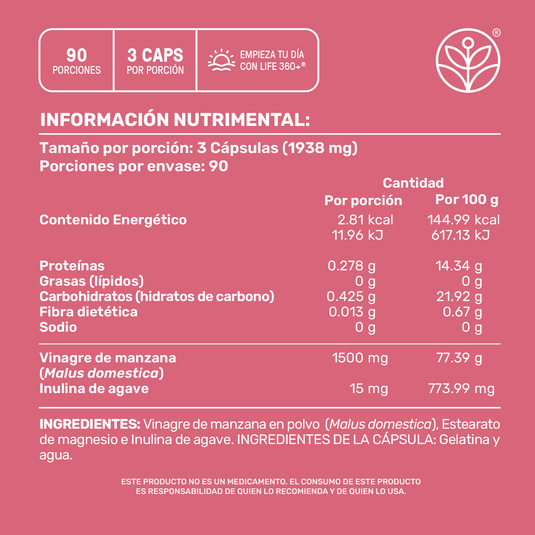Etiqueta rosa de suplemento, información nutricional y composición de cápsulas de vinagre de manzana.