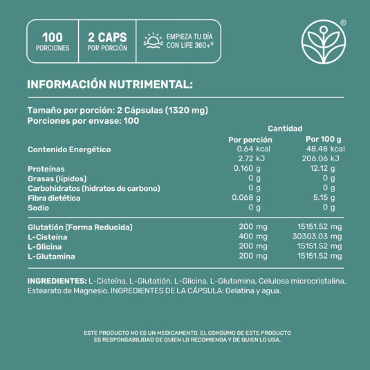 Tabla de información nutrimental de cápsulas Life 360+, ingredientes y valores nutricionales.
