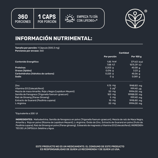 Tabla de información nutrimental de cápsulas Life360 con ingredientes como maca, ginseng y arginina.