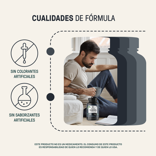 Hombre sentado con suplemento Men's Testo, sin colorantes ni saborizantes artificiales.