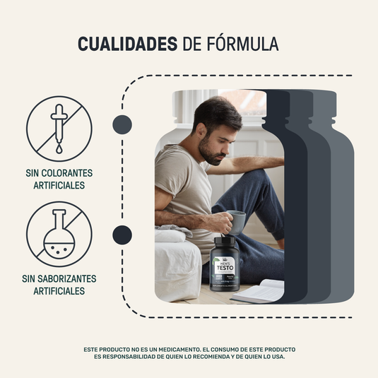 Hombre sentado junto a suplemento Testo, sin colorantes ni saborizantes artificiales.