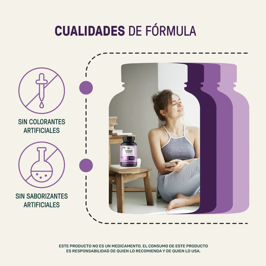 Mujer relajada junto a suplemento Life Lab Woman Multivitamínico, sin colorantes ni saborizantes artificiales