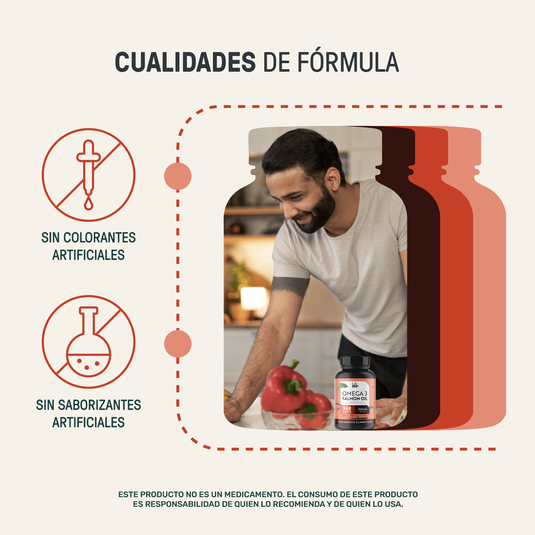 Hombre cocinando con suplemento Omega 3 Salmon Oil, sin colorantes ni saborizantes artificiales.