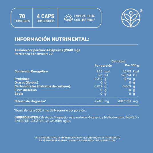 Etiqueta azul de información nutrimental de cápsulas de citrato de magnesio Life 360 Plus, con 70 porciones y tabla de valores nutricionales visibles.