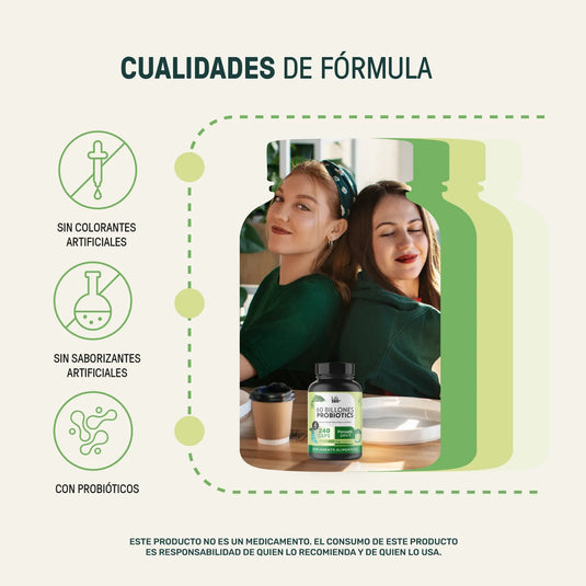 Dos mujeres sonrientes y frasco de probióticos, sin colorantes ni saborizantes artificiales.