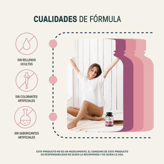 Mujer sentada junto a frasco de colágeno, cualidades de fórmula sin rellenos, colorantes ni saborizantes artificiales.