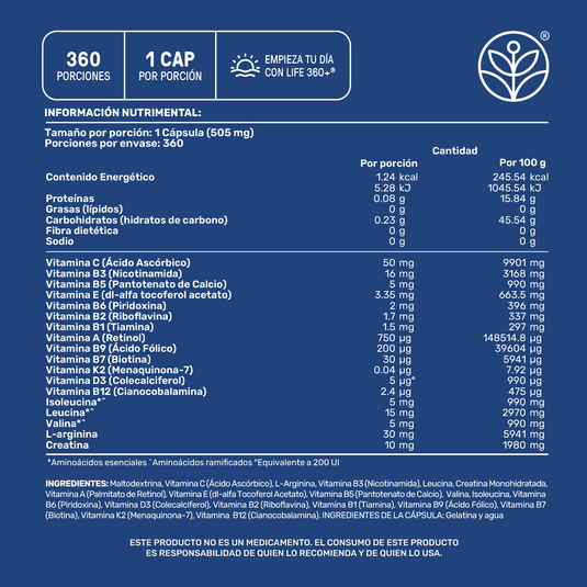 Etiqueta azul de suplemento Life 360°, tabla nutricional, vitaminas, 360 cápsulas