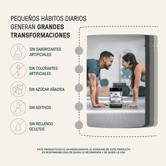 Pareja entrenando en gimnasio con creatina monohidratada sin azúcar, sin aditivos, suplemento natural