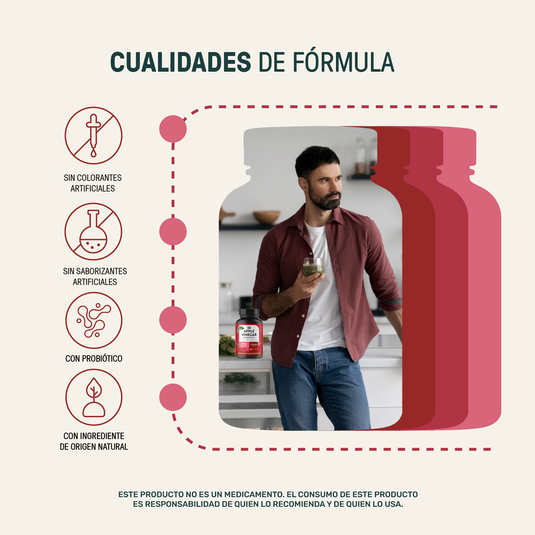 Hombre en cocina con suplemento Apple Cider Vinegar Gummies, sin colorantes ni saborizantes artificiales, probiótico natural.