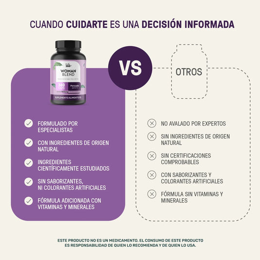 Comparativa suplemento Woman Blend vs otros, beneficios ingredientes naturales, vitaminas y minerales.