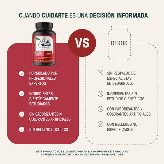 Comparativa de cápsulas de vinagre de manzana Life Apple Vinegar vs otros suplementos, resaltando beneficios como ingredientes naturales y respaldo científico.