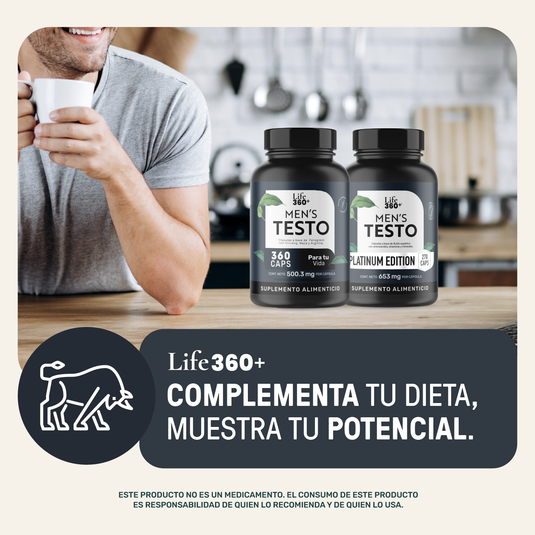 Suplementos Life360 Men's Testo sobre mesa en cocina, hombre sonriente, salud masculina.