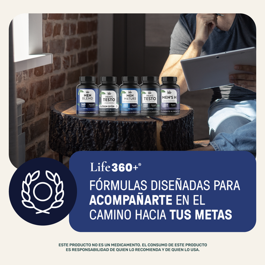 Suplementos Life360+ para hombres sobre mesa, hombre usando tablet, fondo de ladrillo