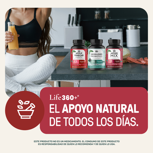 Suplementos Life360+ vinagre de manzana, probióticos y antiox mix en cocina con mujer saludable