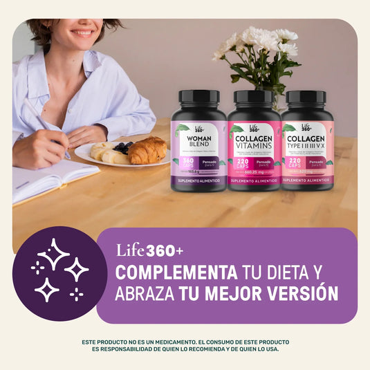 Mujer sonriente con desayuno y suplementos Life360+, Woman Blend y Collagen Vitamins sobre la mesa.