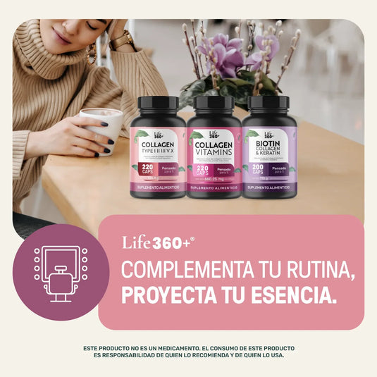 Suplementos Life360+ colágeno y biotina sobre mesa, mujer con suéter beige tomando café, flores moradas.