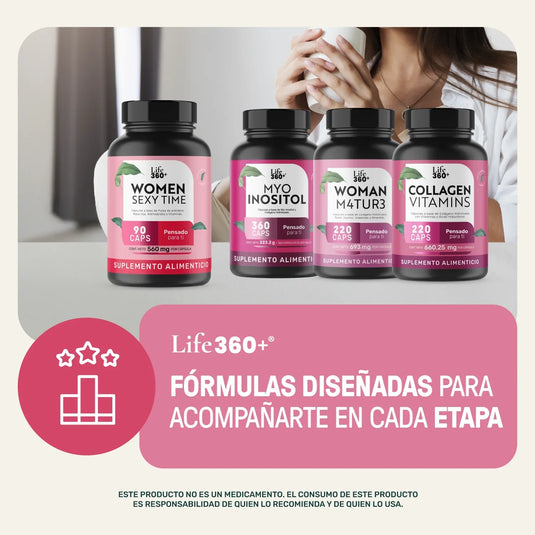 Suplementos Life360+ para mujeres, frascos de Women Sexy Time, Myo Inositol, Woman M4tur3 y Collagen Vitamins