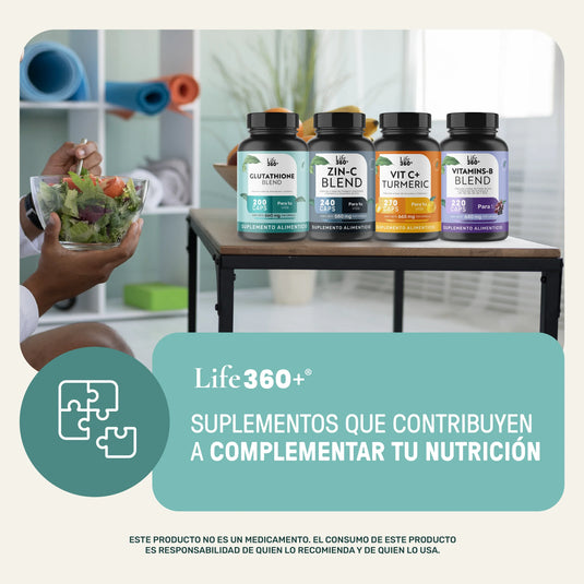 Suplementos alimenticios Life360+ en frascos sobre mesa junto a persona comiendo ensalada saludable